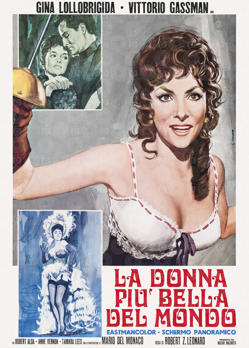 Manifesto del film La donna più bella del mondo dipinto da L. Crovato con Gina Lollobrigida in primo piano